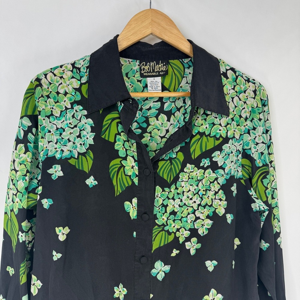 Vintage Bob Mackie Wearable Art Silk Blouse Black Green Beaded Sequin Small - Picture 3 of 16